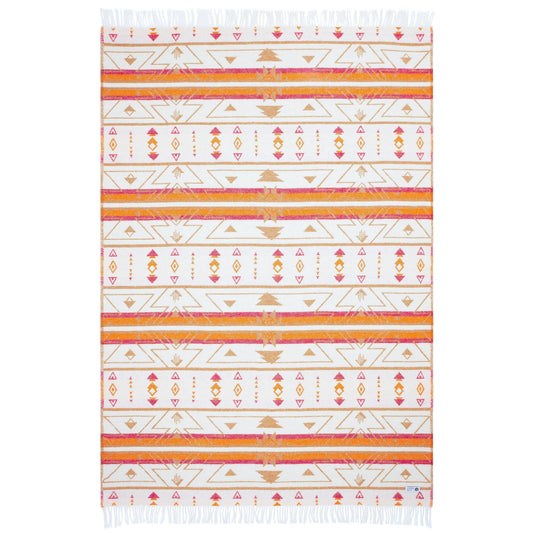Bunte Wolldecke mit Aztekenmuster für Wohnzimmer im Boho-Stil.