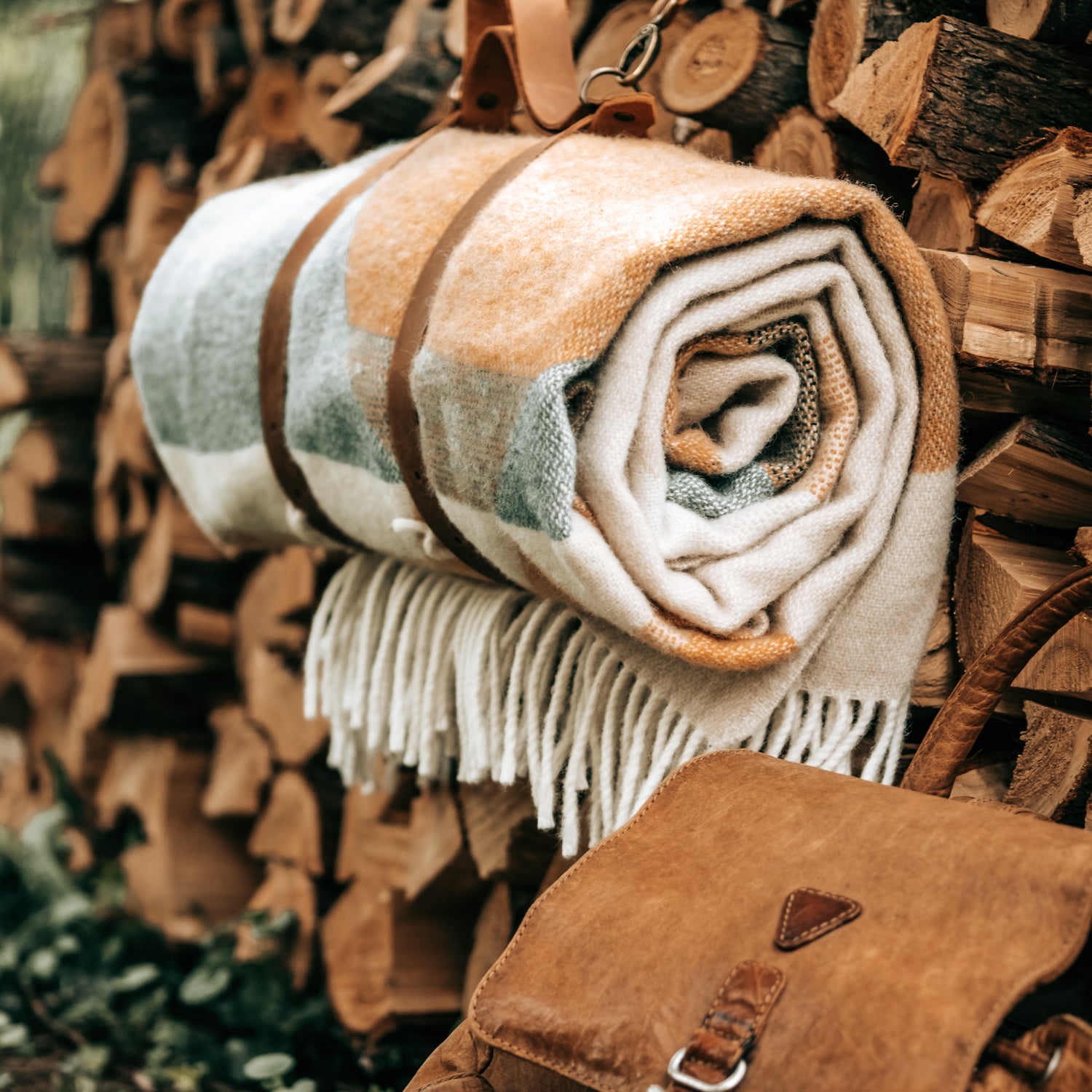 Eine zusammengerollte Outdoordecke hängt an einem Lederriemen auf übereinander gestapelten Holzscheiten